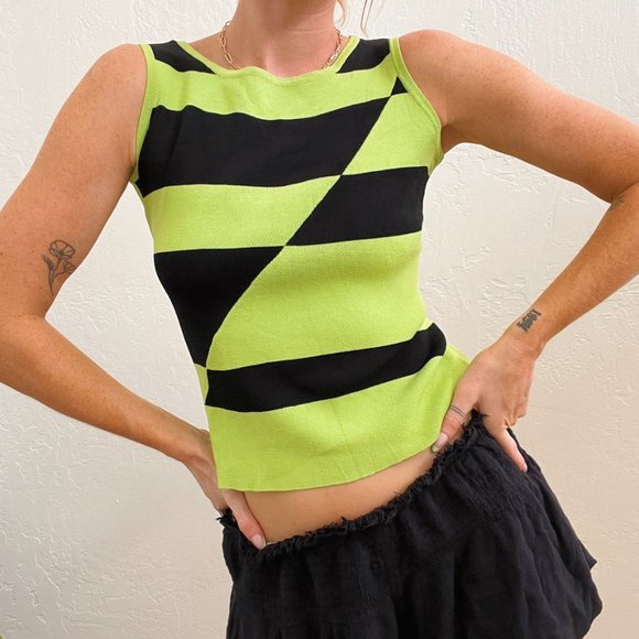 Y2K Lime Green Black Funky Abstract Knit Sleeveless Top - Picture 6 of 8